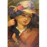19th Century oil on canvas, portrait of a girl wearing a straw hat, signed with monogram, 58cms x