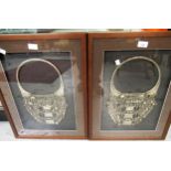 Pair of Eastern white metal necklaces, framed and mounted as wall art, each 46.5cms x 43cms overall