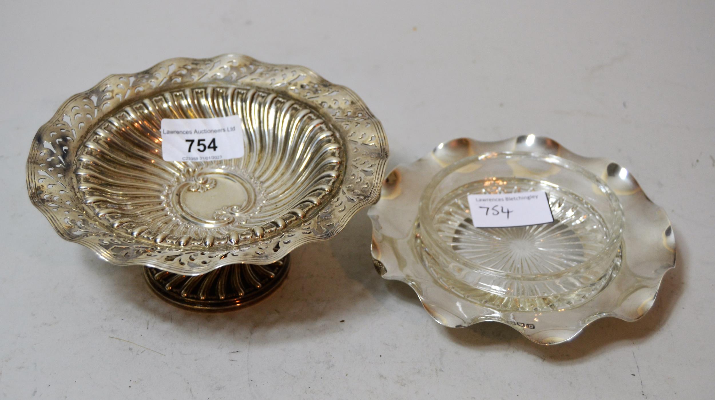 Late Victorian silver pedestal bonbon dish, 1893, 6.5 troy ounces, together with a silver and cut