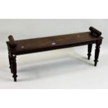 19th Century oak hall bench/ window seat, the rectangular moulded top with cylindrical turned end