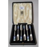 Set of six Birmingham silver Liberty & Co. enamel decorated cake forks, in associated box No repairs