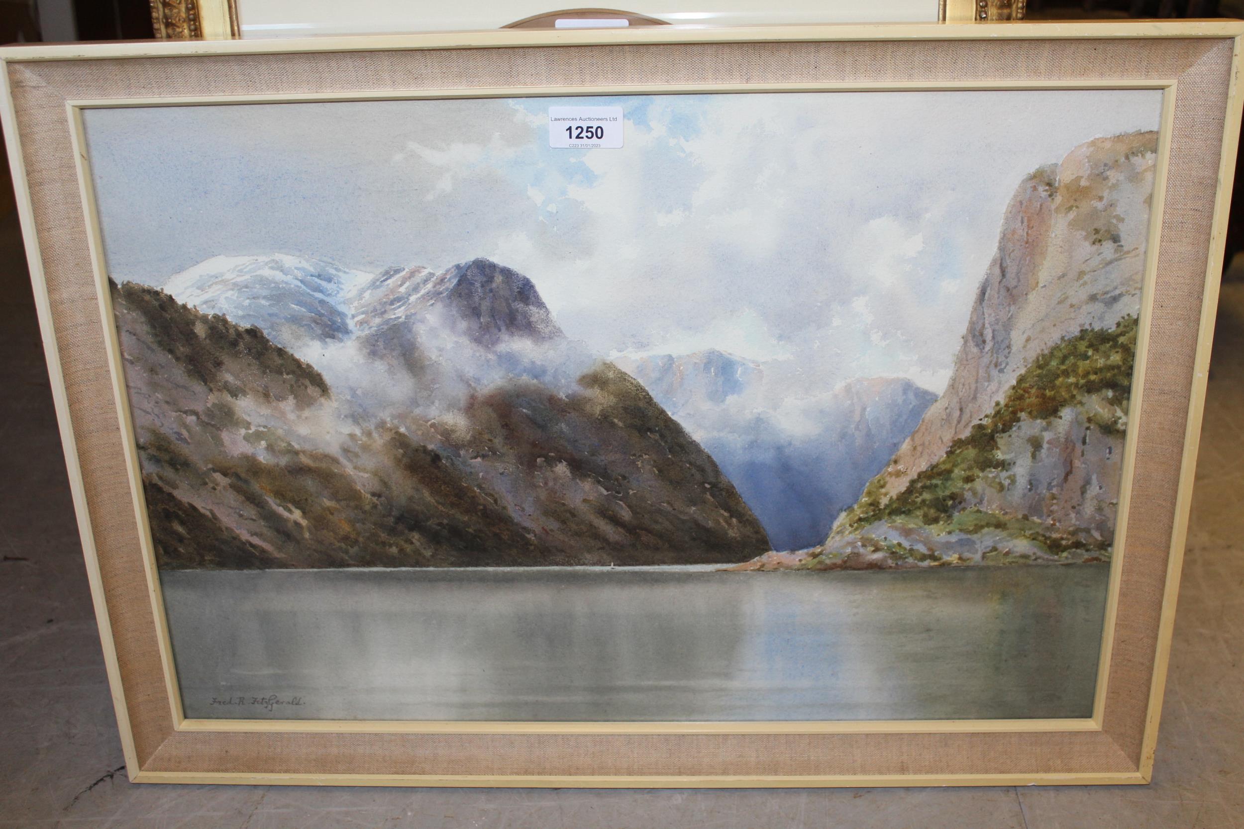 Fred R, Fitzgerald, signed watercolour, fjord scene, 38cms x 56cms In good condition, no damage. - Image 2 of 2