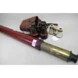 Brass and mahogany telescope, leather cased pair of field glasses and a pair of mother of pearl