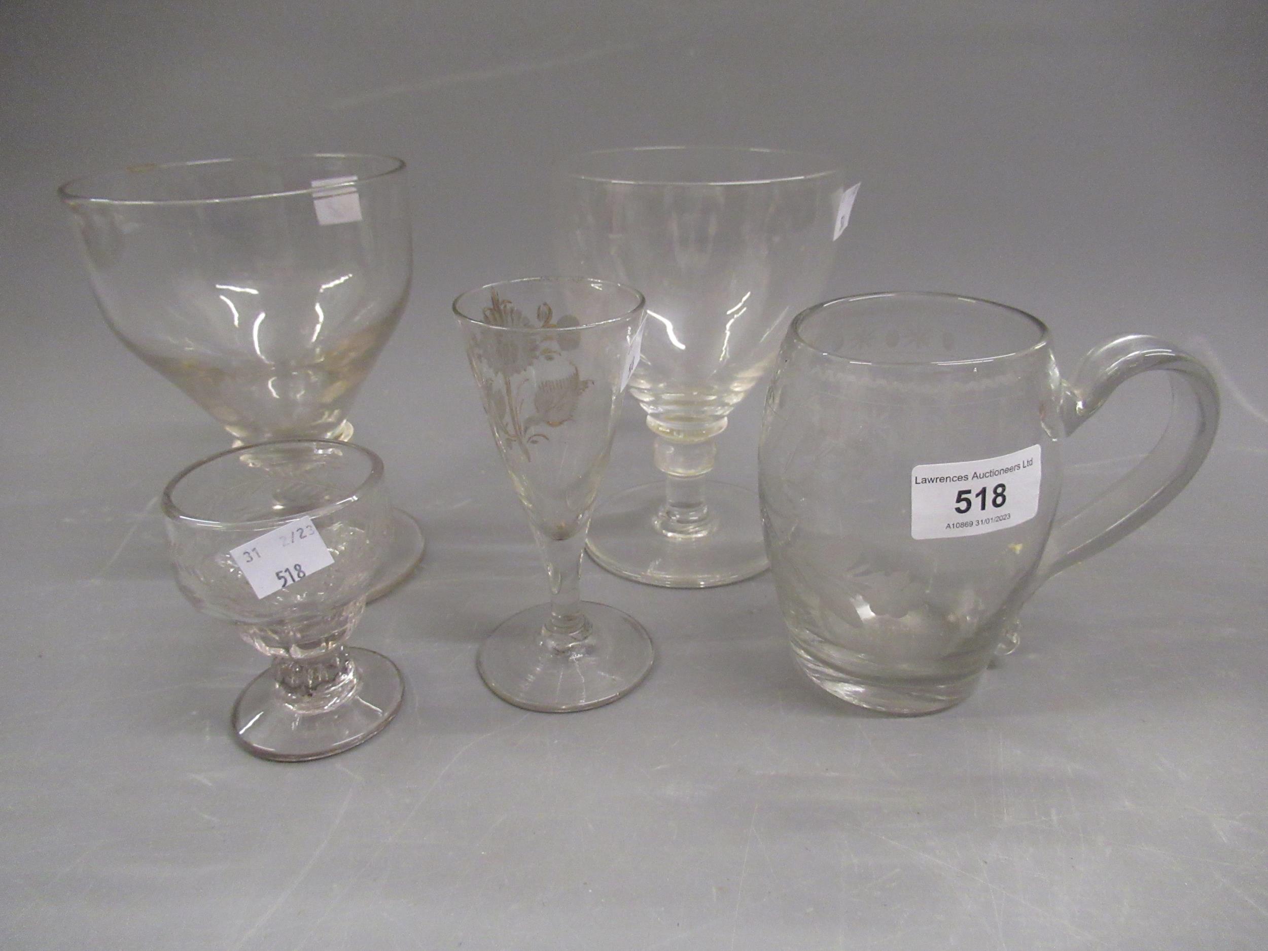 18th Century pedestal wine goblet, another later similar goblet, glass mug with floral engraved