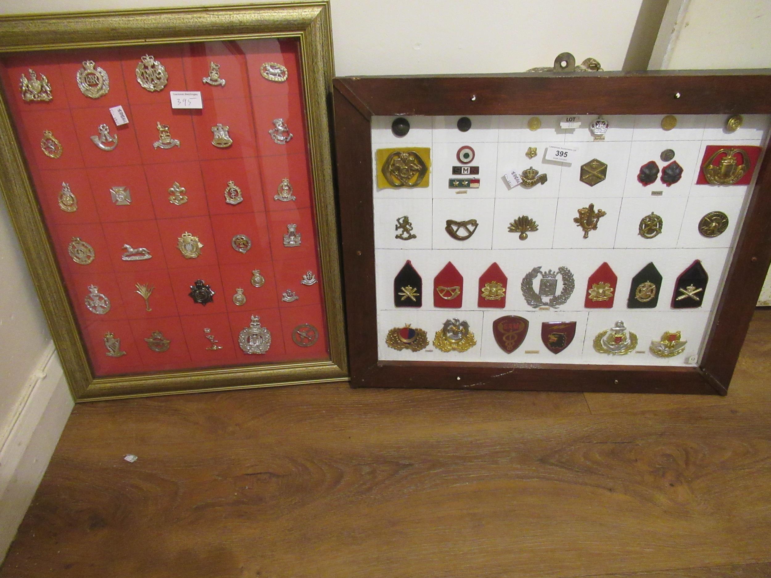 Two framed and glazed mounted collections of various British and foreign cap badges including