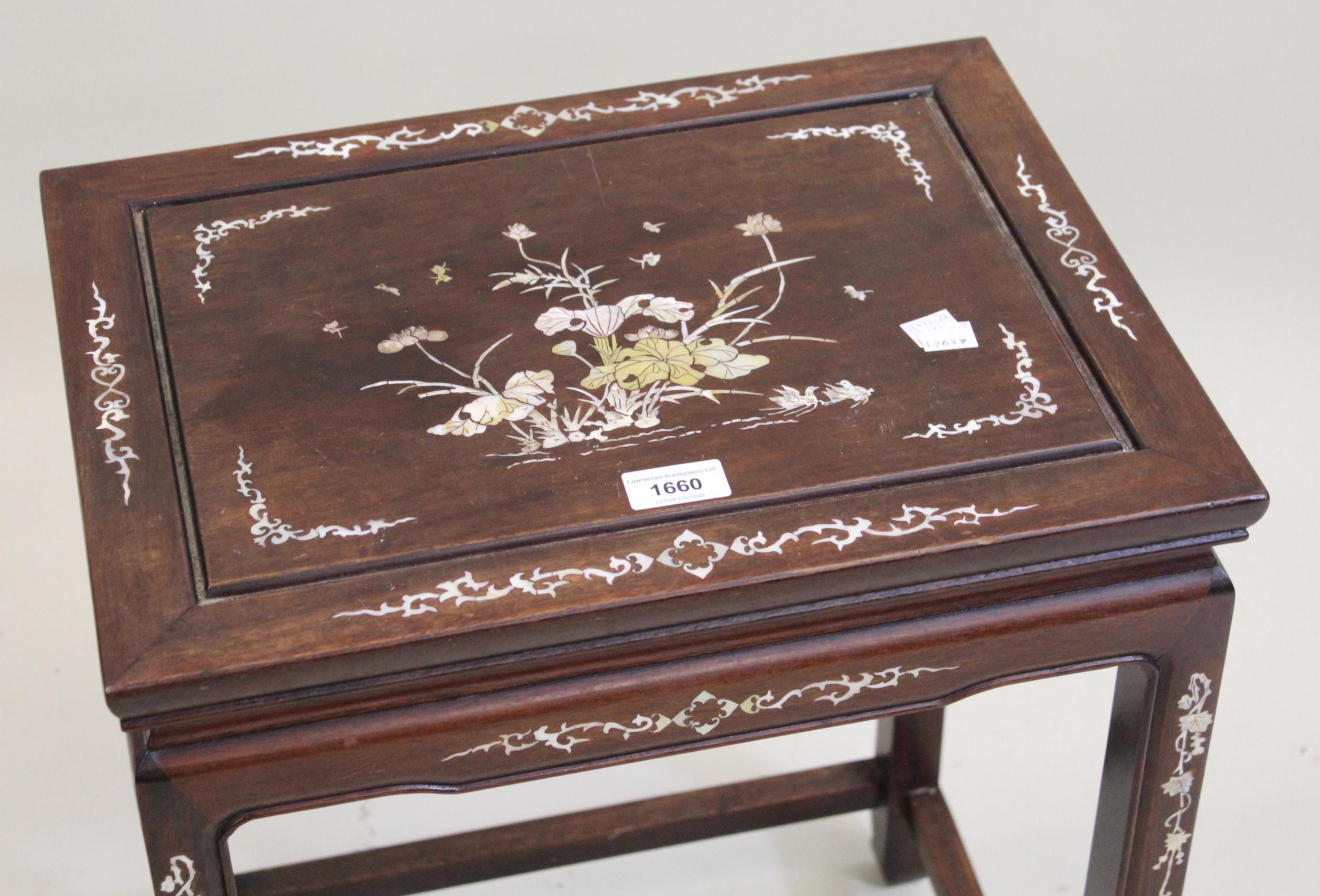 Chinese rectangular hardwood and mother of pearl inlaid occasional table, 43 x 33 x 56cms high - Image 2 of 2