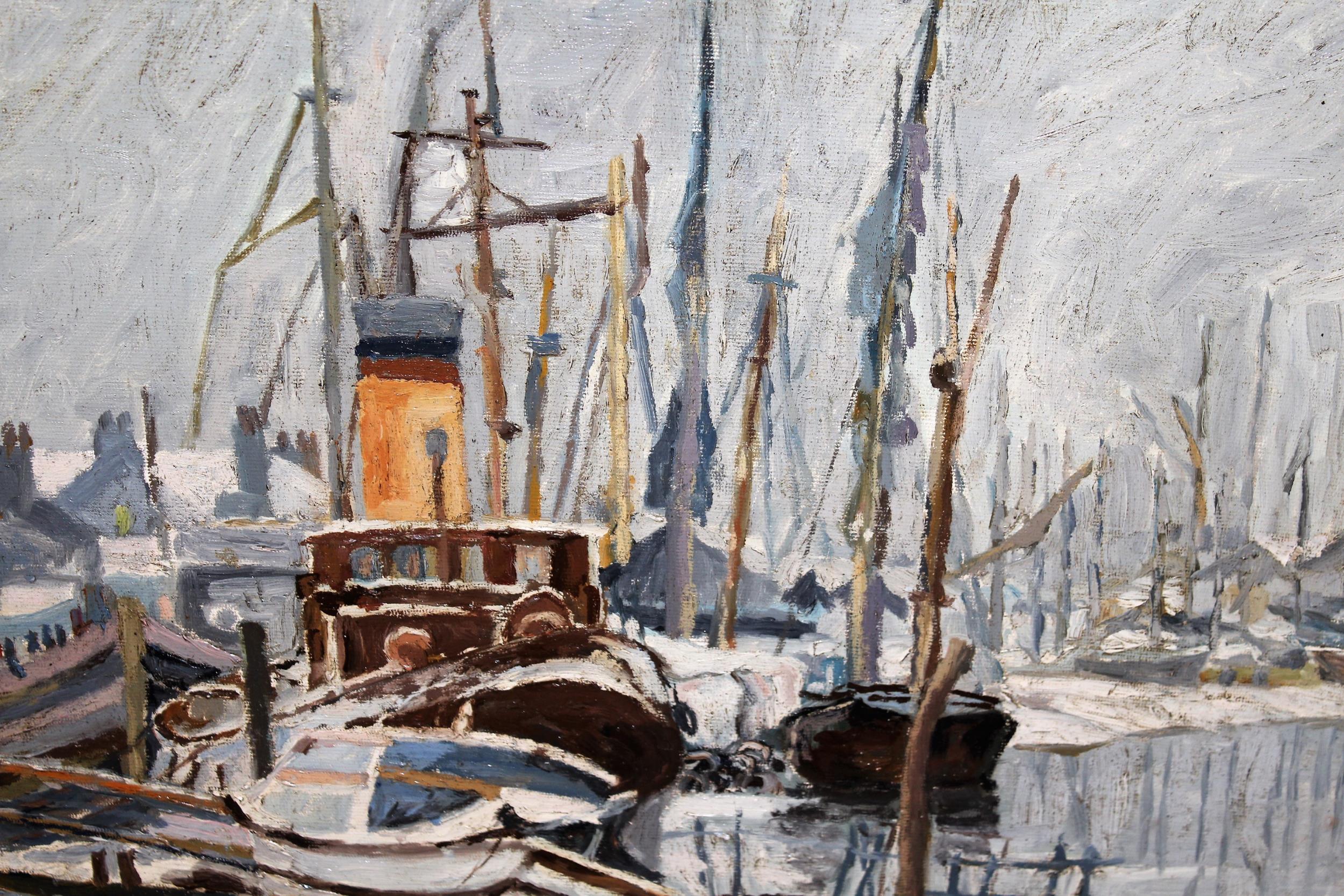 Oil on canvas board, boats in a harbour, label verso ' Polperro Winter, John Anthony Park, ST Ives