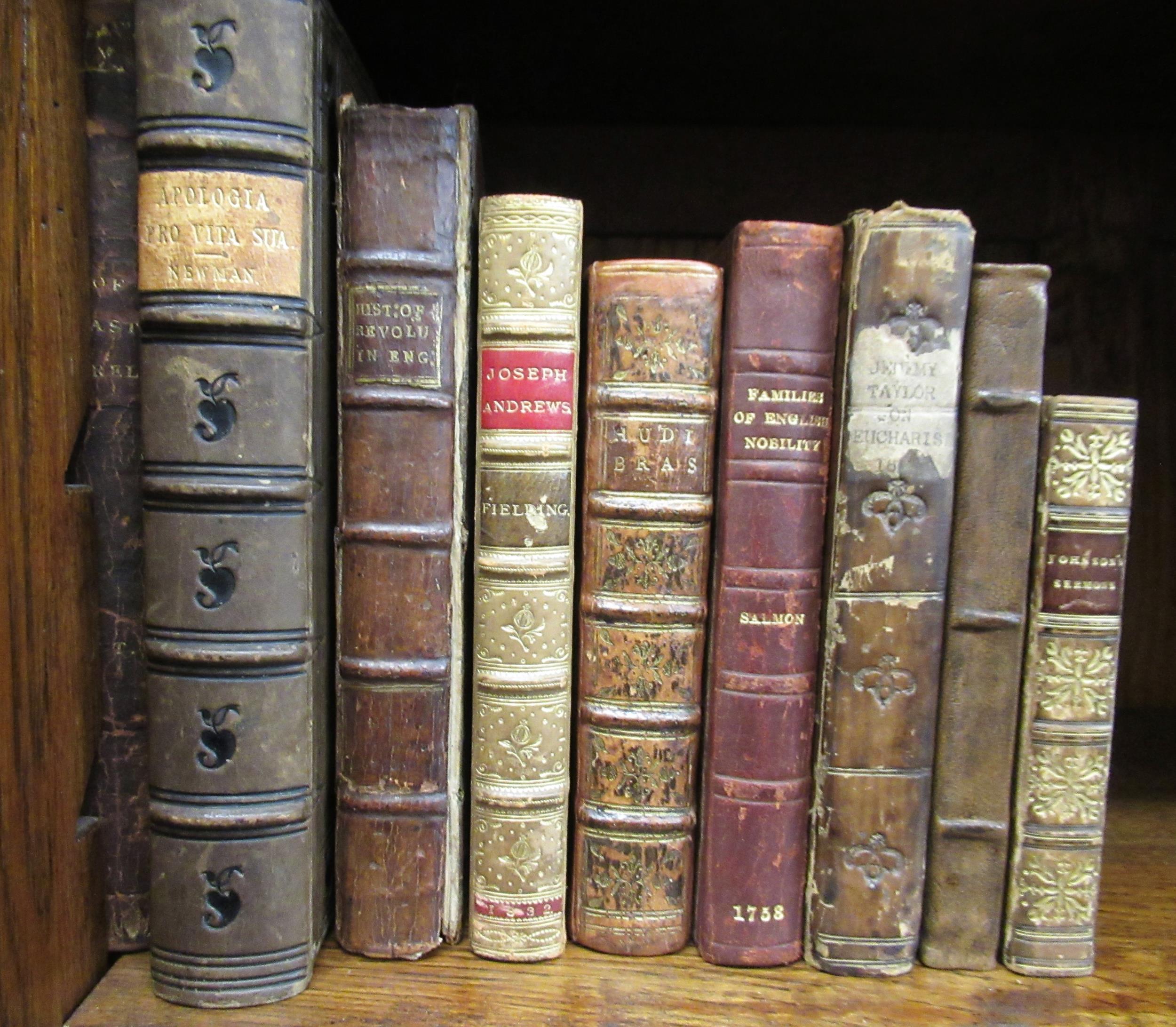 Group of nine antique leather bound books, including Tennyson ' The Princess ', ' Families of