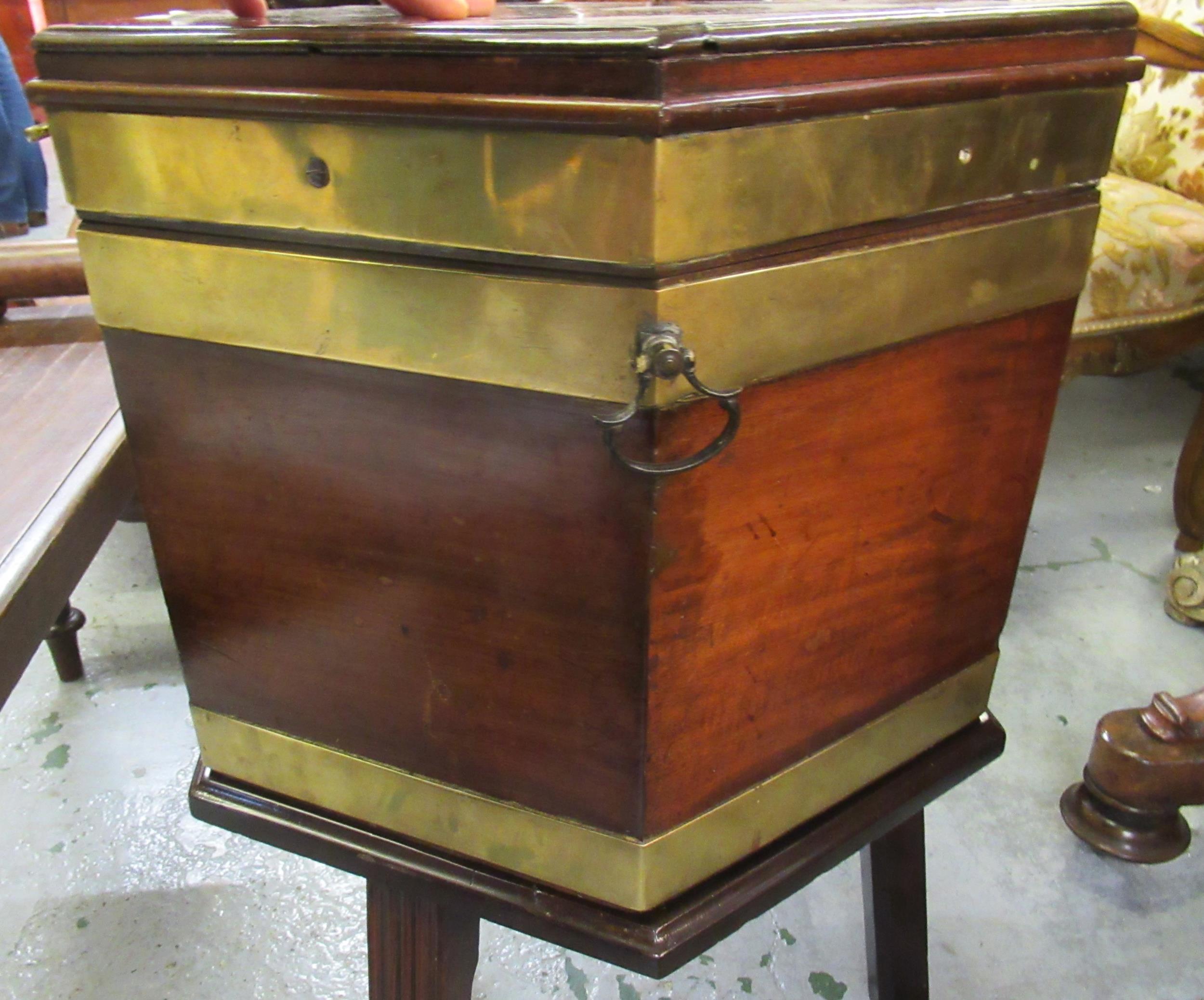 George III mahogany hexagonal brass bound wine cooler, on stand and with reeded supports, the hinged - Image 5 of 9