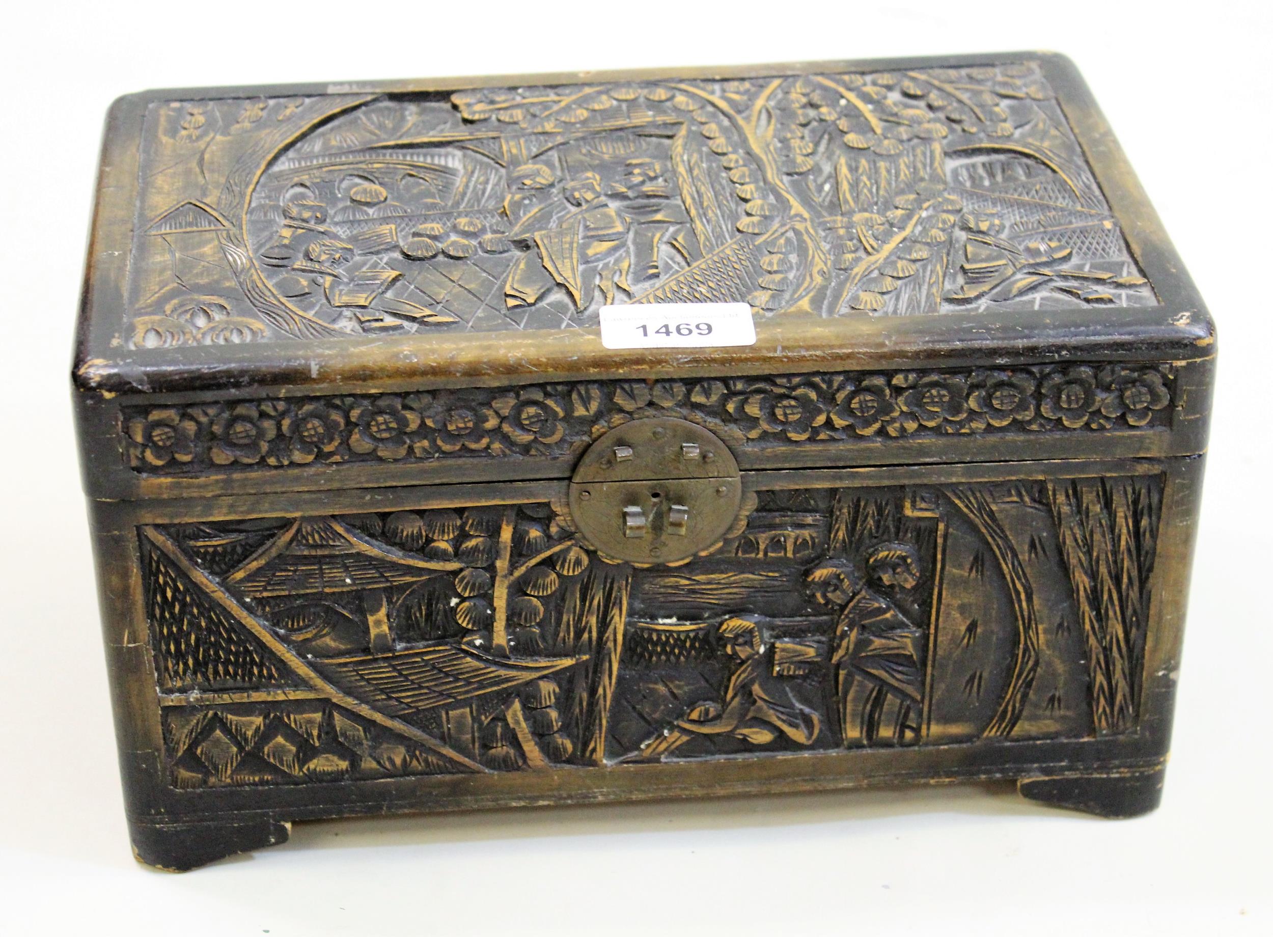 Small 20th Century Chinese carved camphor wood box with hinged cover, 29cms wide