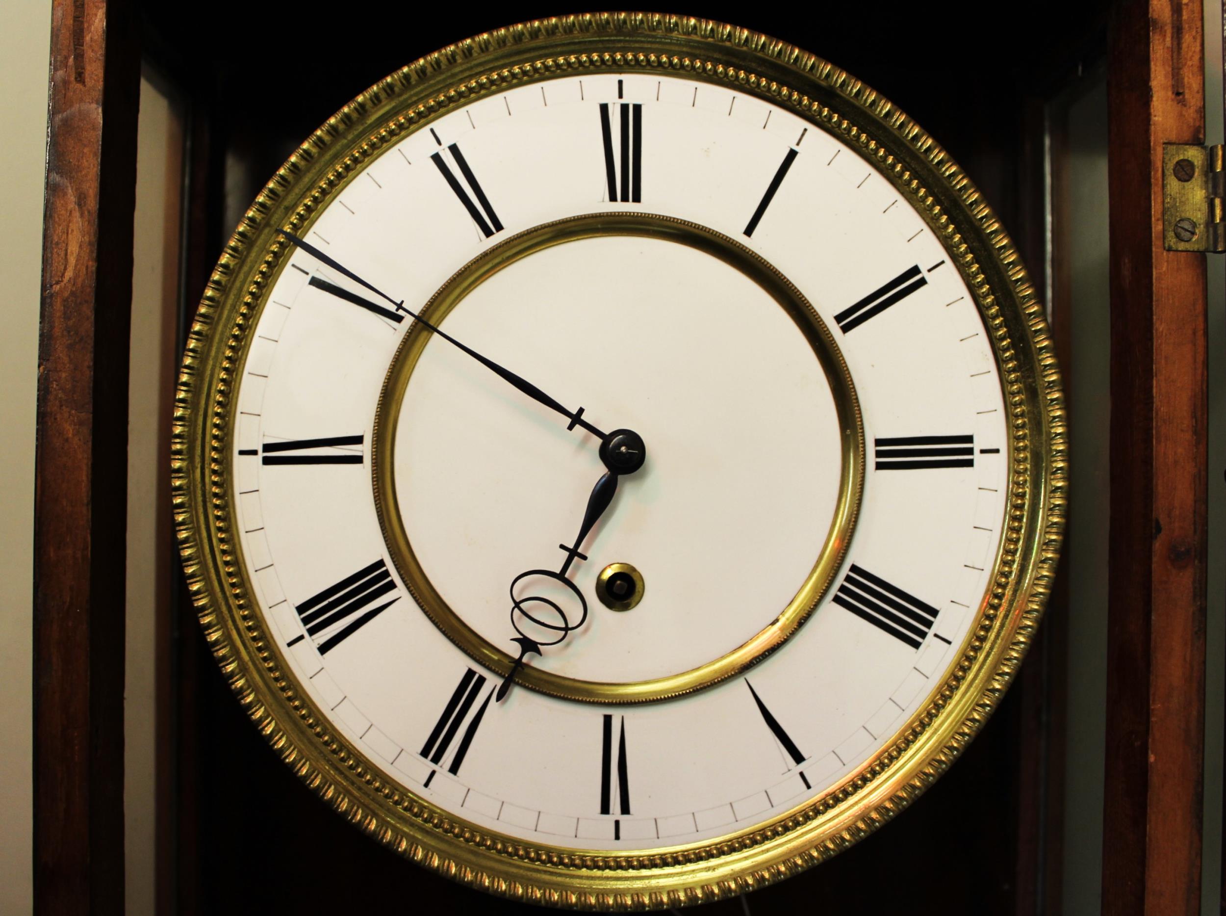 Fine quality 19th Century mahogany and boxwood line inlaid Vienna wall clock, the enamel dial with - Image 2 of 8