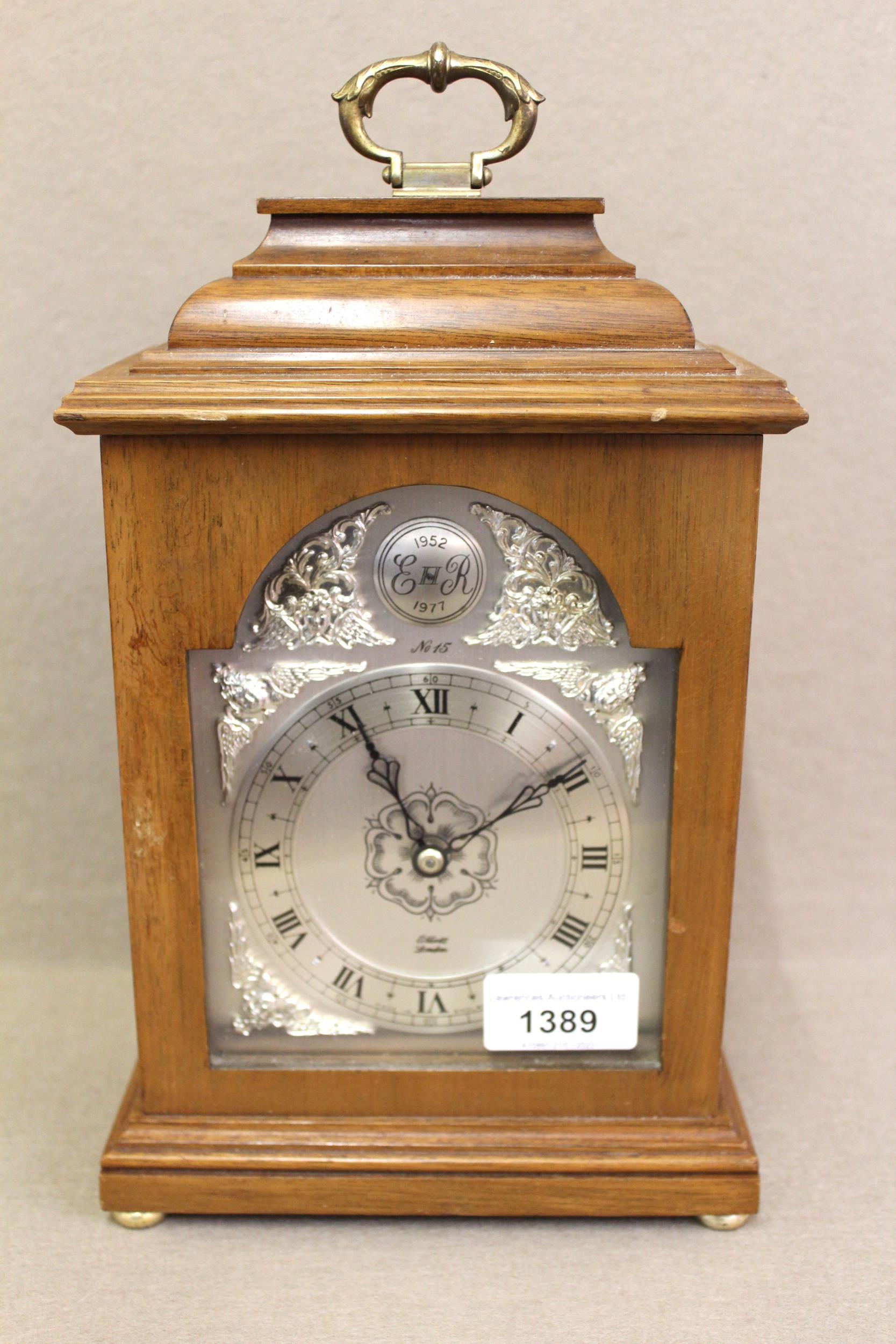 20th Century Elliott mahogany bracket clock, the silvered dial with Roman numerals, inscribed 1952 -