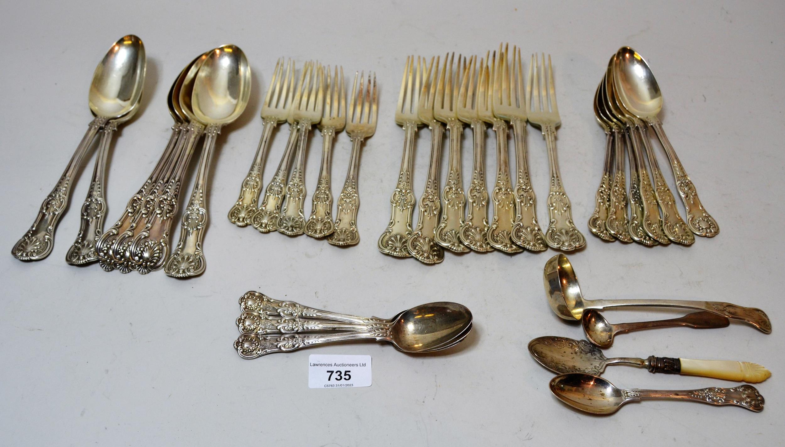 19th Century Harlequin Queens pattern canteen of silver cutlery comprising: six tablespoons, six