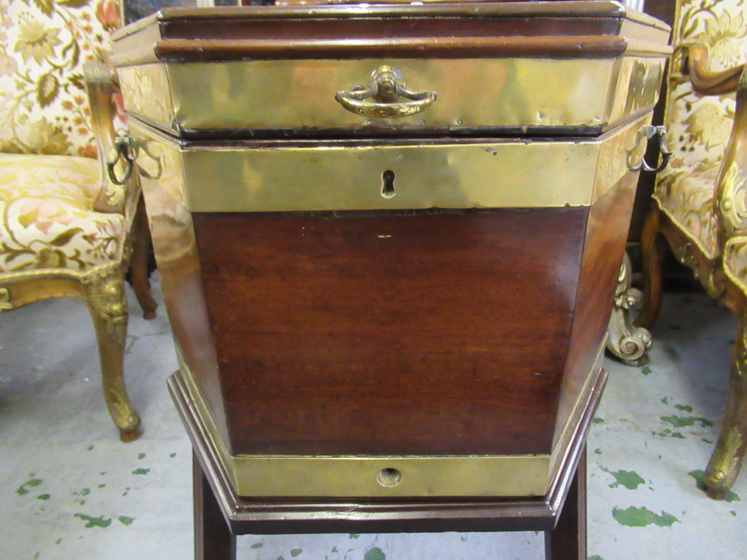 George III mahogany hexagonal brass bound wine cooler, on stand and with reeded supports, the hinged - Image 3 of 9