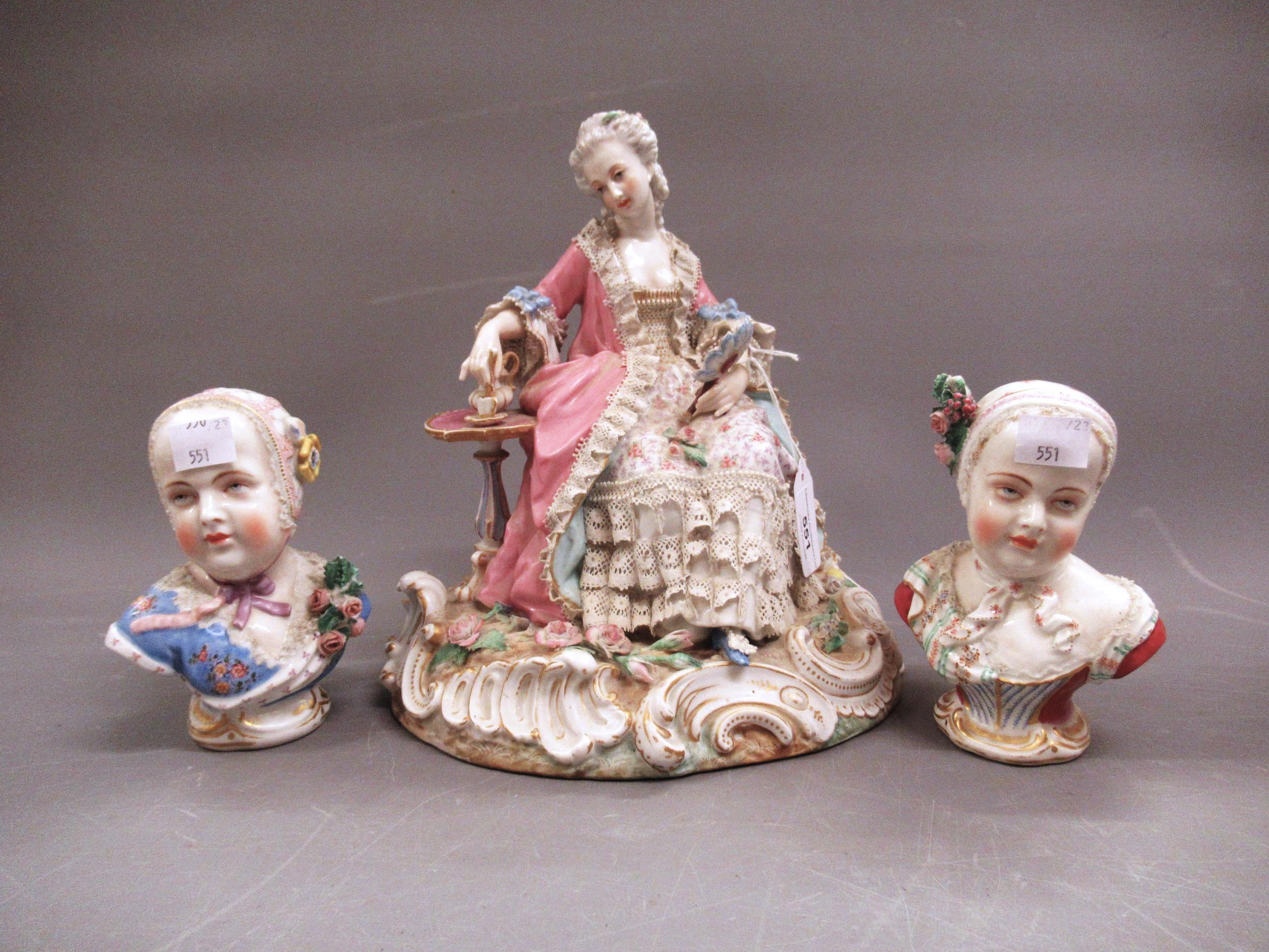 19th Century Continental porcelain figure of a seated lady wearing a lace dress, 24cms high together