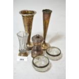 Birmingham silver mounted pepper grinder, two silver specimen vases and three silver mounted glass