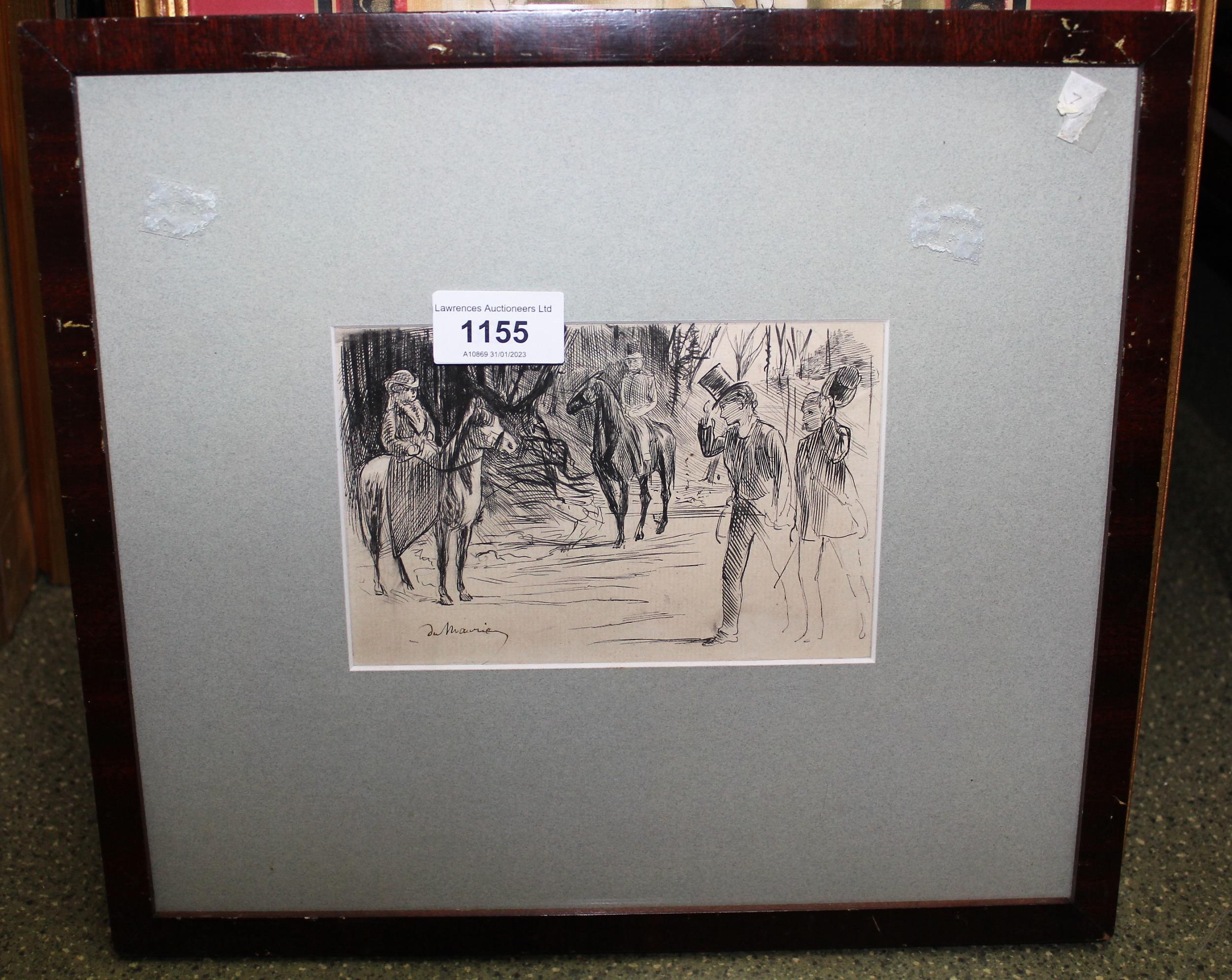 Late 19th / early 20th Century ink sketch, figures in a landscape on horseback, signed Du - Image 2 of 2