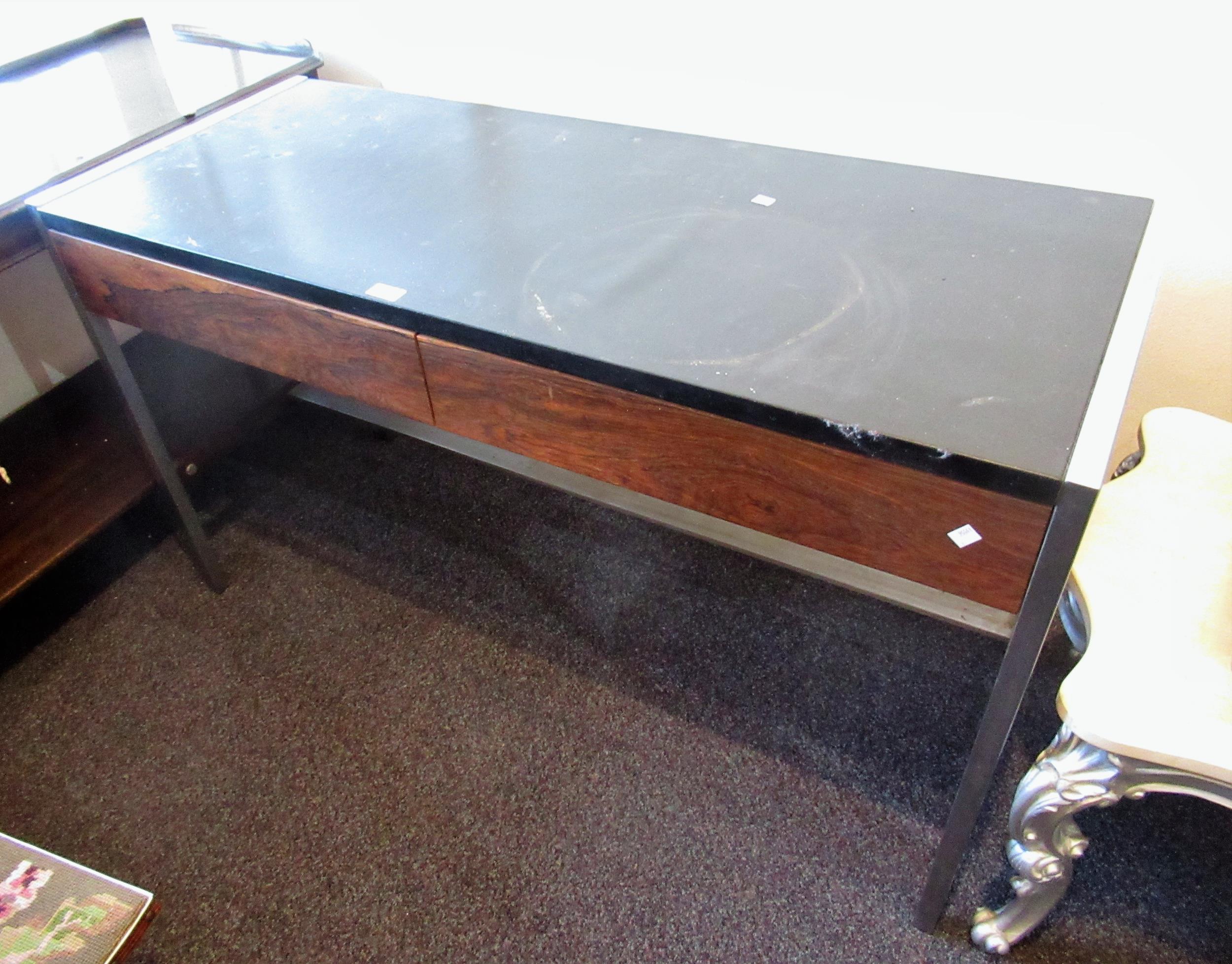 Mid 20th Century polished steel and hardwood two drawer writing table, 127cms wide Steel would