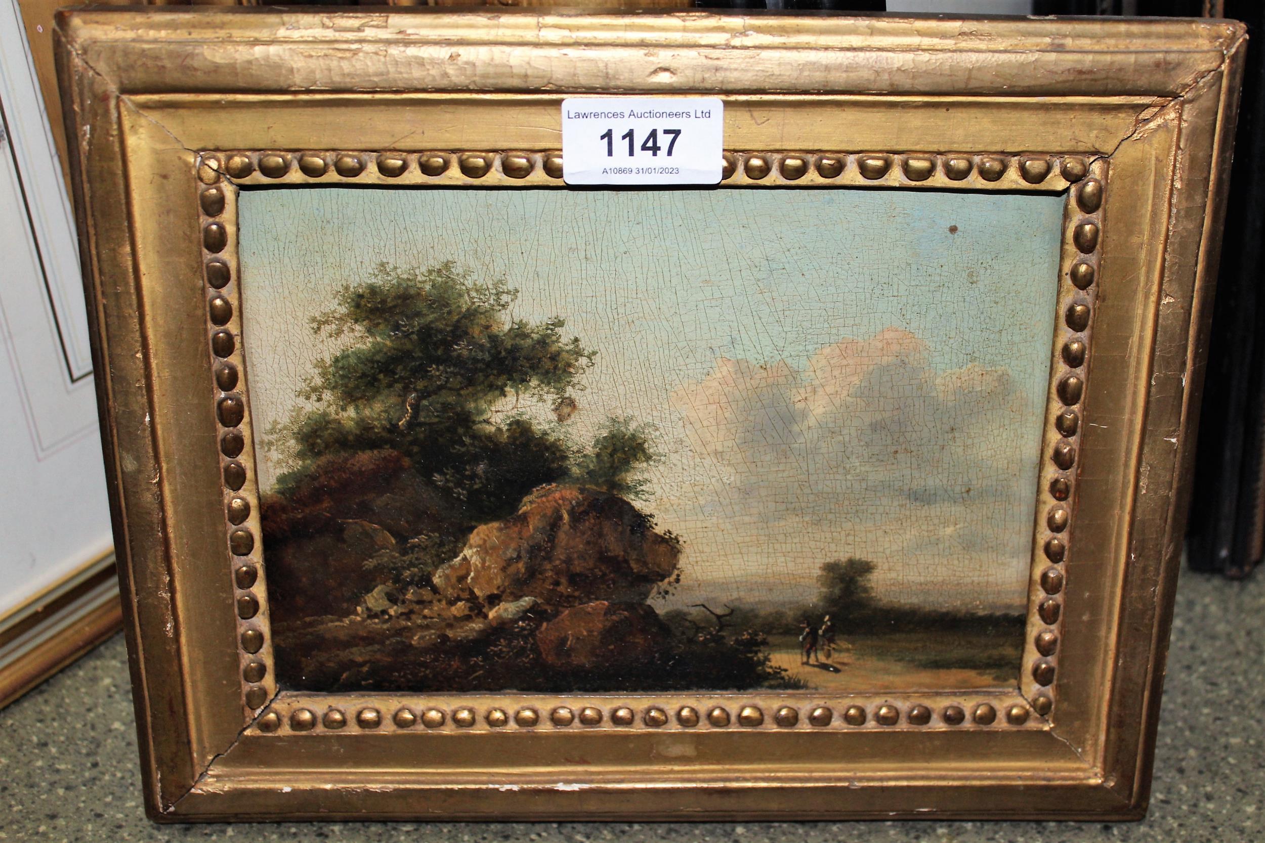 Late 18th / early 19th Century oil on panel, figures on a track with rocks to the foreground, - Image 2 of 2