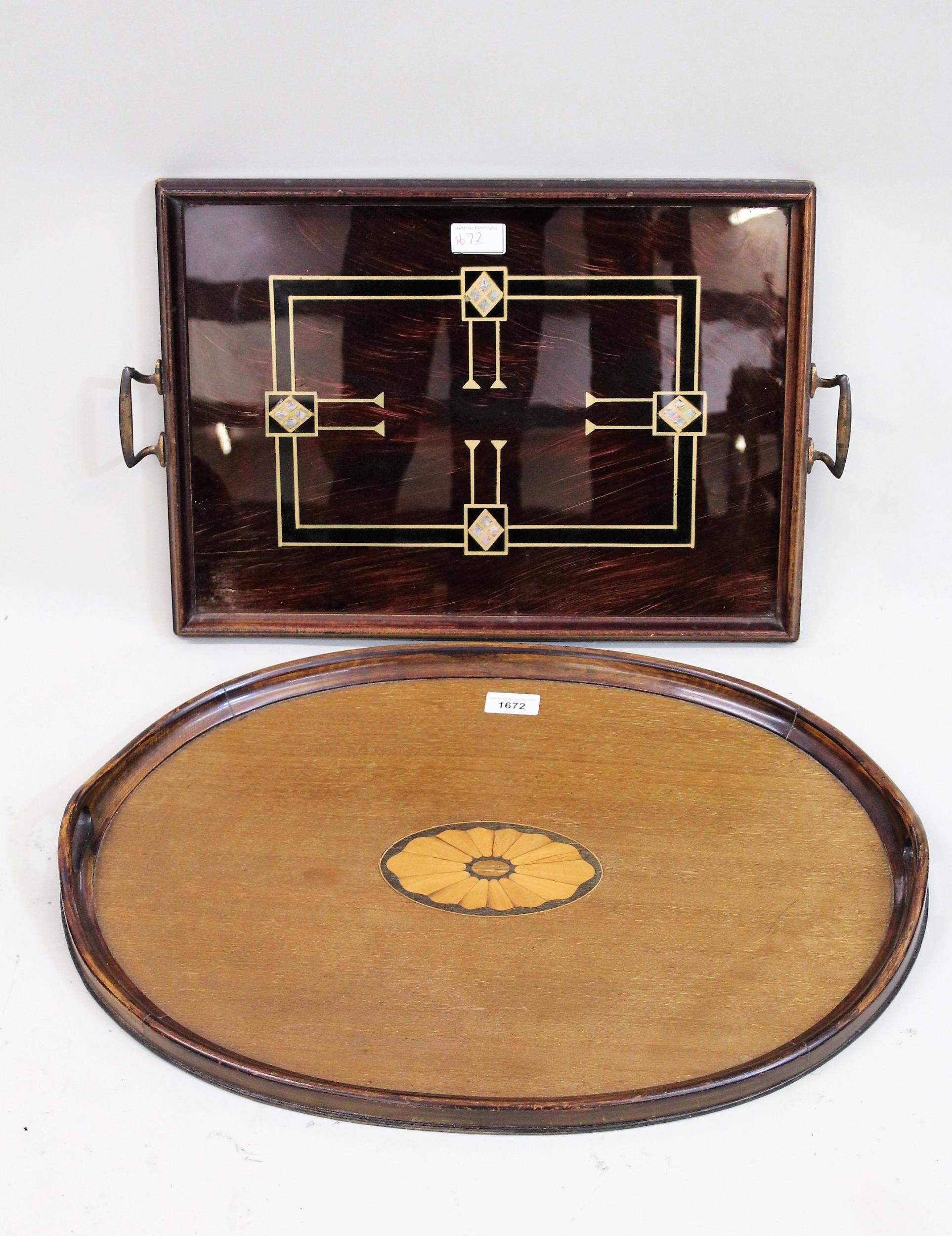 Edwardian oval shell inlaid two handled tray, together with an Art Deco two handled tray