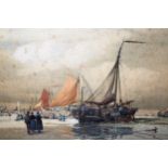 William Edward Croxford, watercolour, beach scene with figures and fishing boats, signed, 53cms x