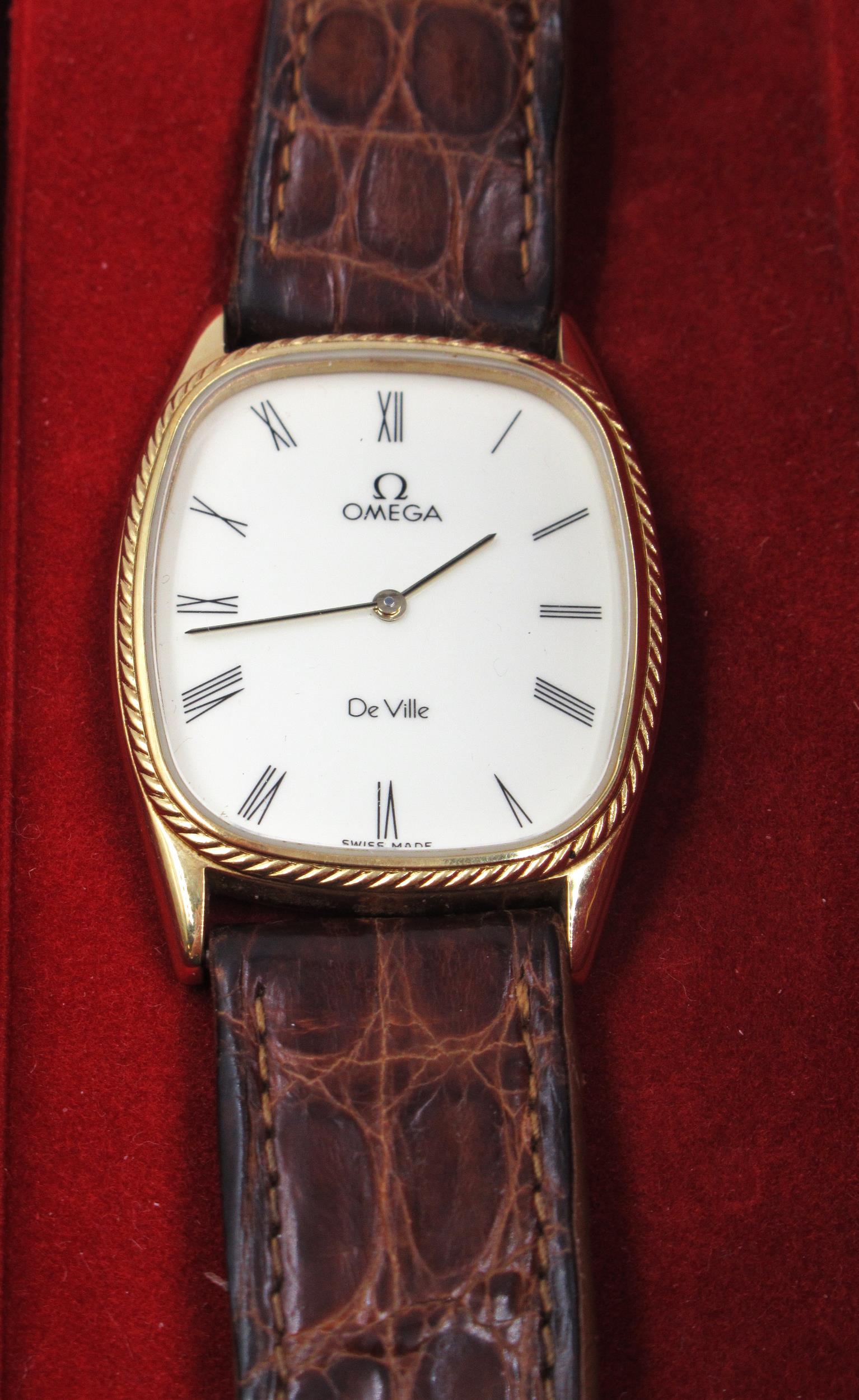 Omega De Ville ladies gold plated quartz wristwatch with brown leather strap, in original box with - Image 2 of 2