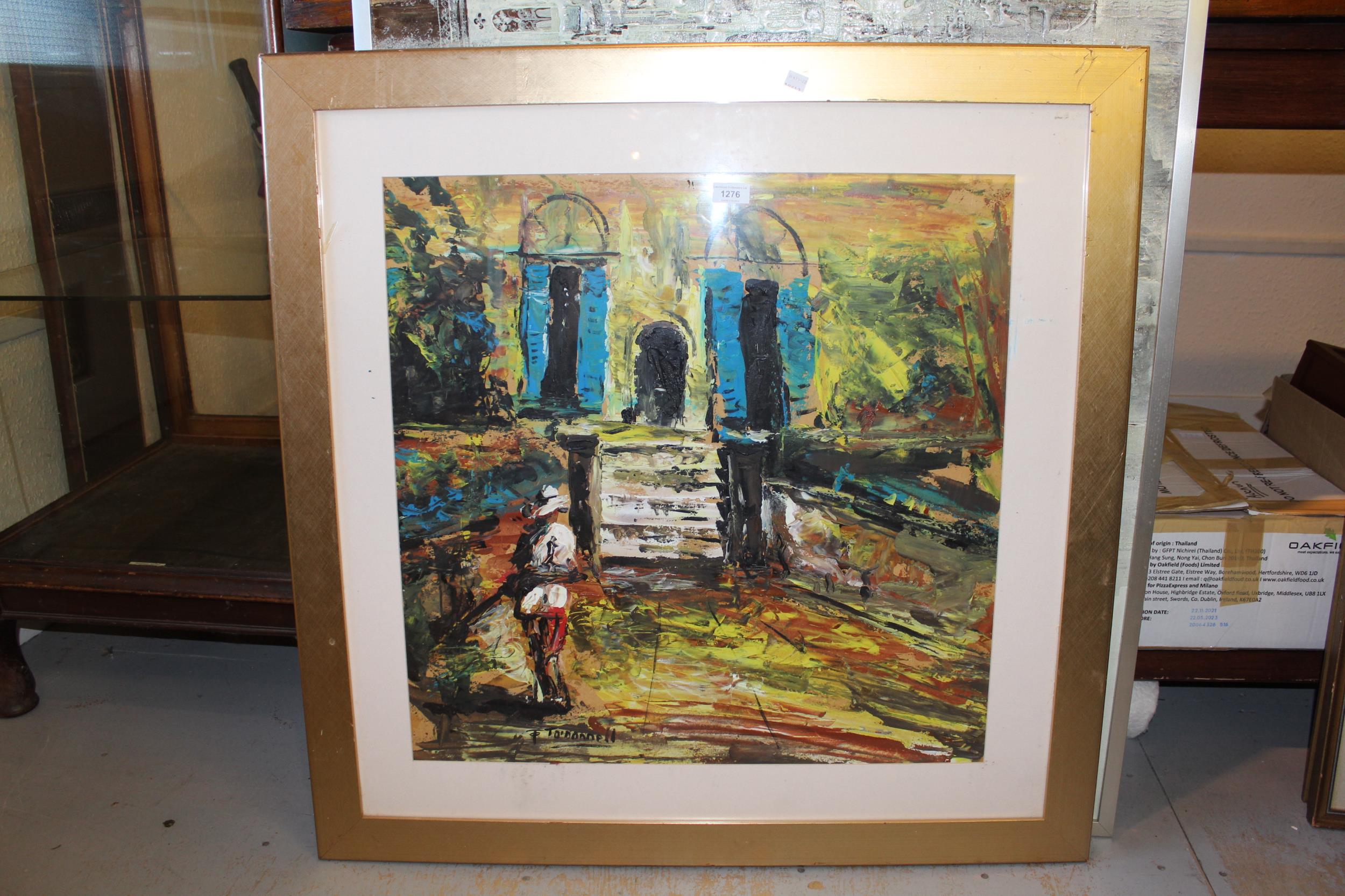 T. O' Donnell, late 20th Century oil on board, figure in a Continental street scene before steps, - Image 2 of 2