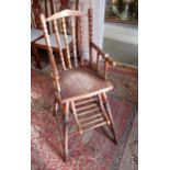 Late 19th / early 20th Century child's high chair with embossed seat, bobbin turned back and