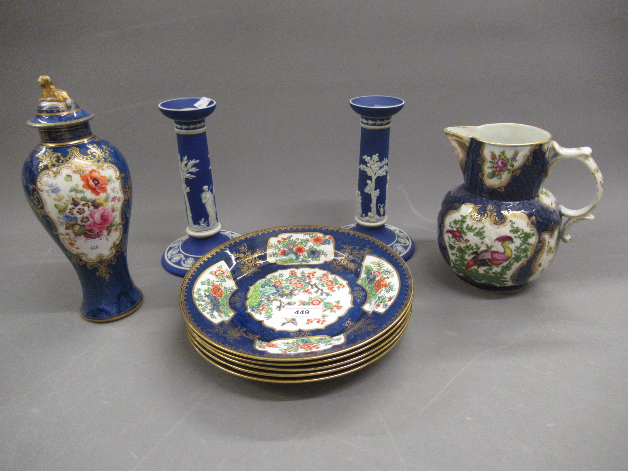 Pair of Wedgwood blue jasperware candlesticks, 20cms high together with a Booths Kakiemon design