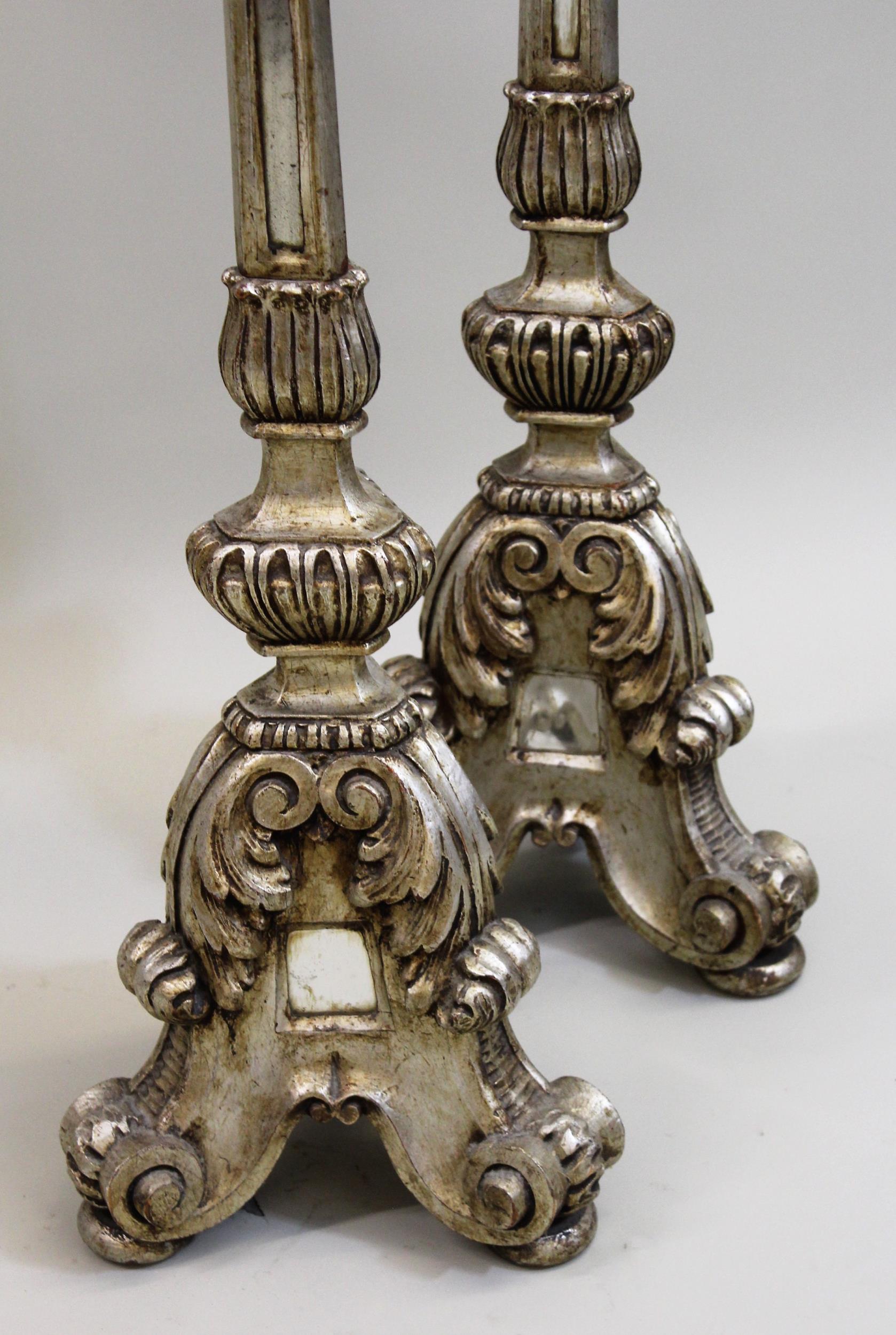 Pair of silvered and mirror inset lamp standards, with triform bases in 17th Century Dutch style, - Image 2 of 2