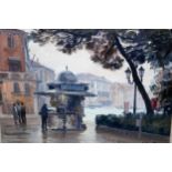 Julian Barrow, oil on canvas, figures beside a news stand, possibly Venice, 20cms x 25cms, gilt