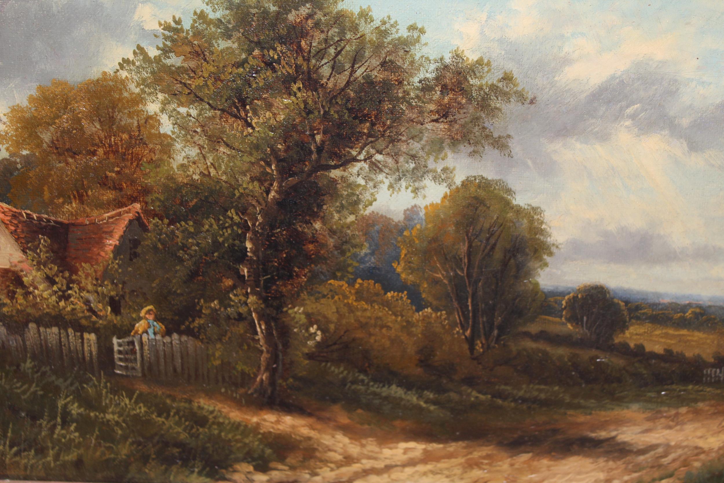 19th Century oil on canvas, rural scene with figure before a cottage, 25cms x 45.5cms, gilt framed