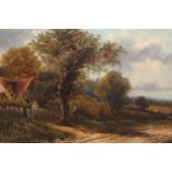 19th Century oil on canvas, rural scene with figure before a cottage, 25cms x 45.5cms, gilt framed