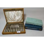 Oak cased set of six plated dessert knives and forks, with two other sets of plated flatware,