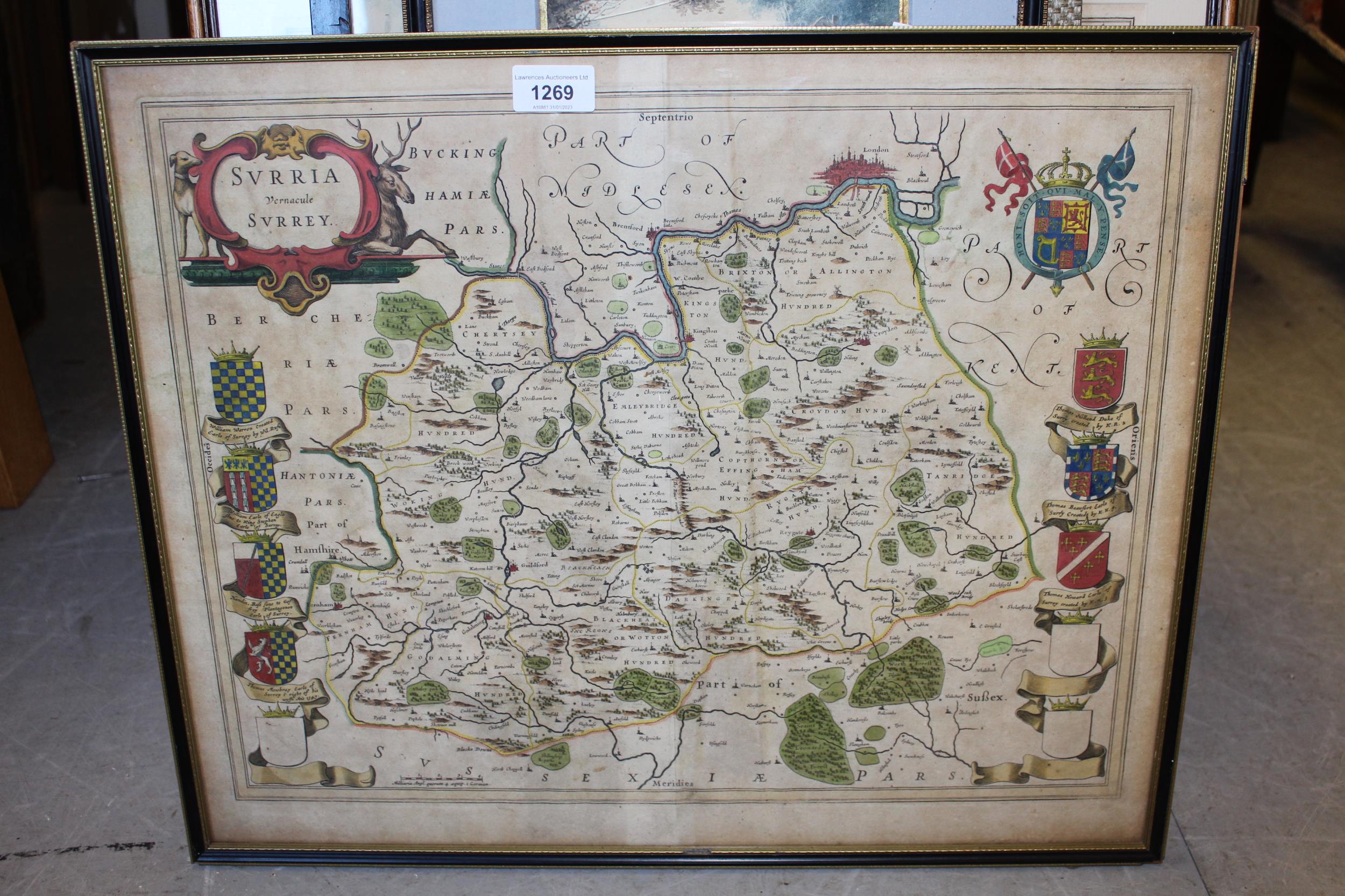 Antique hand coloured map of Surrey, framed, 42cms x 52cms - Image 2 of 2