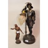 Patinated metal figural table lamp and a similar smaller figure of a classical maiden