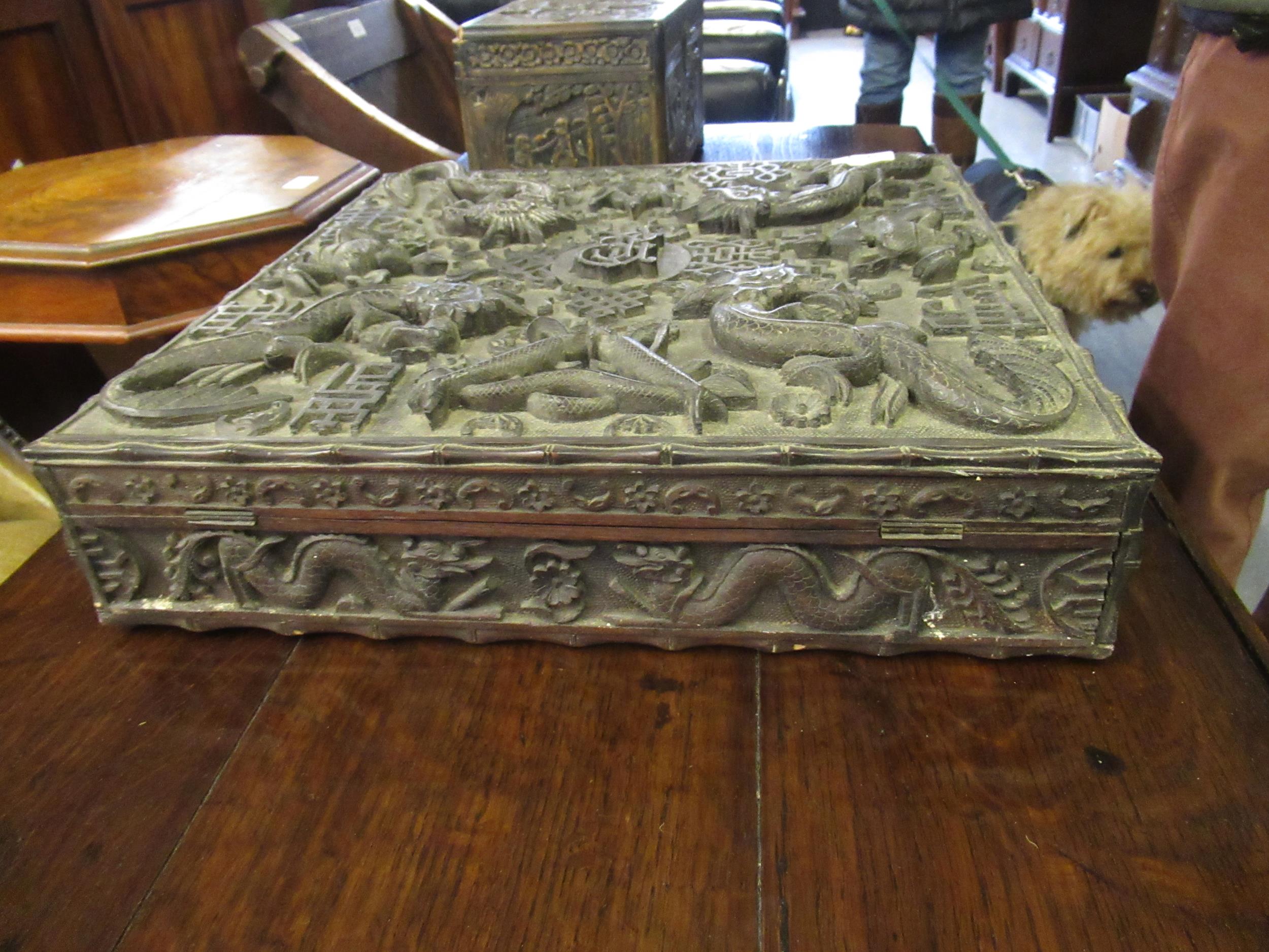 19th Century Chinese hardwood square box, all-over carved with dragons and other motifs, 38cms - Image 5 of 8