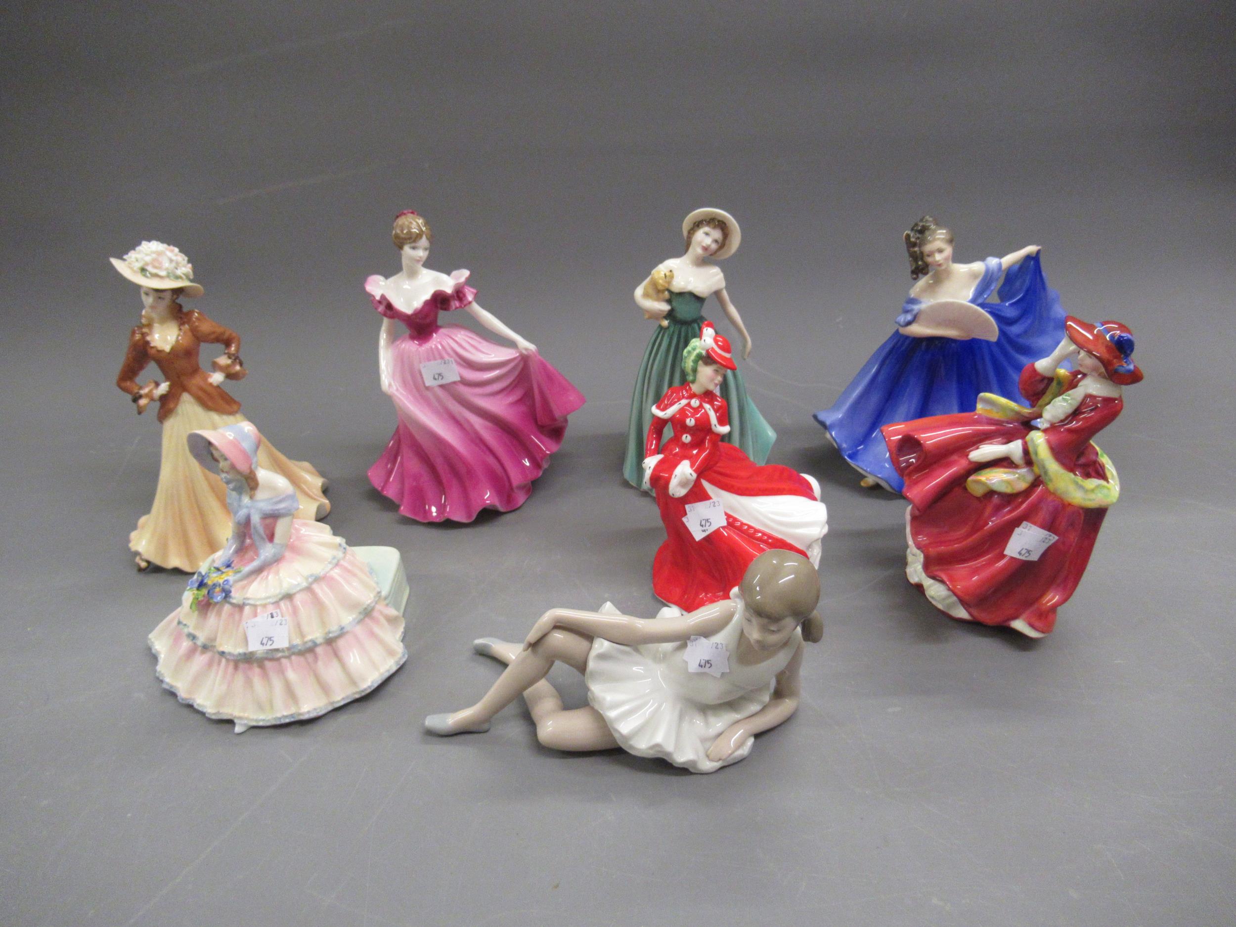 Collection of eight various Doulton, Coalport and Lladro figures