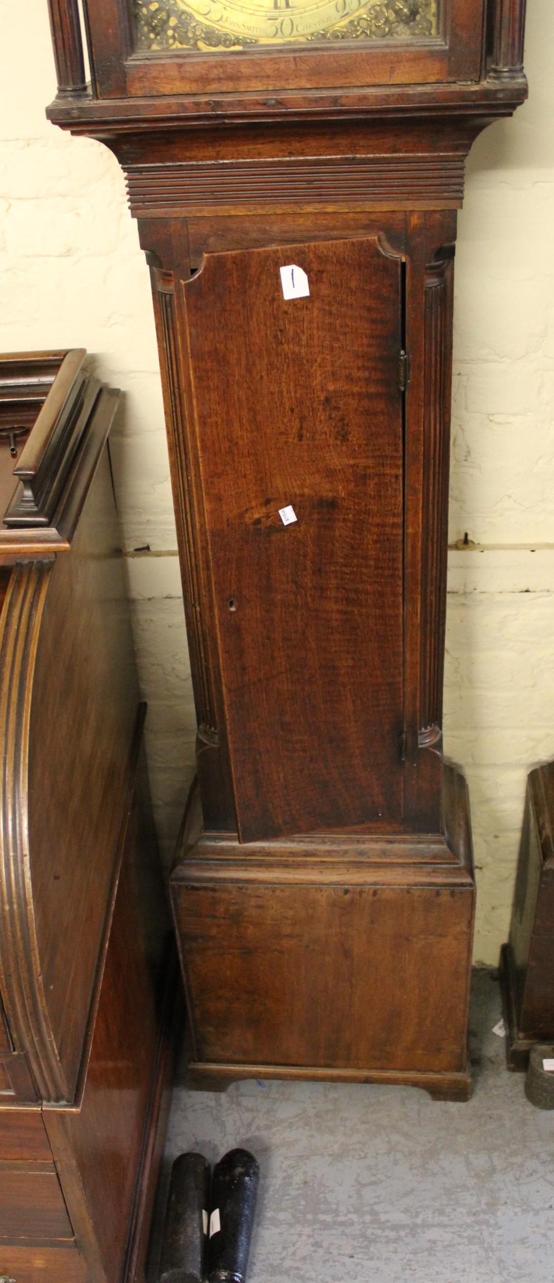 George III oak longcase clock, the square hood with swan neck pediment above a shaped door, the - Image 2 of 5