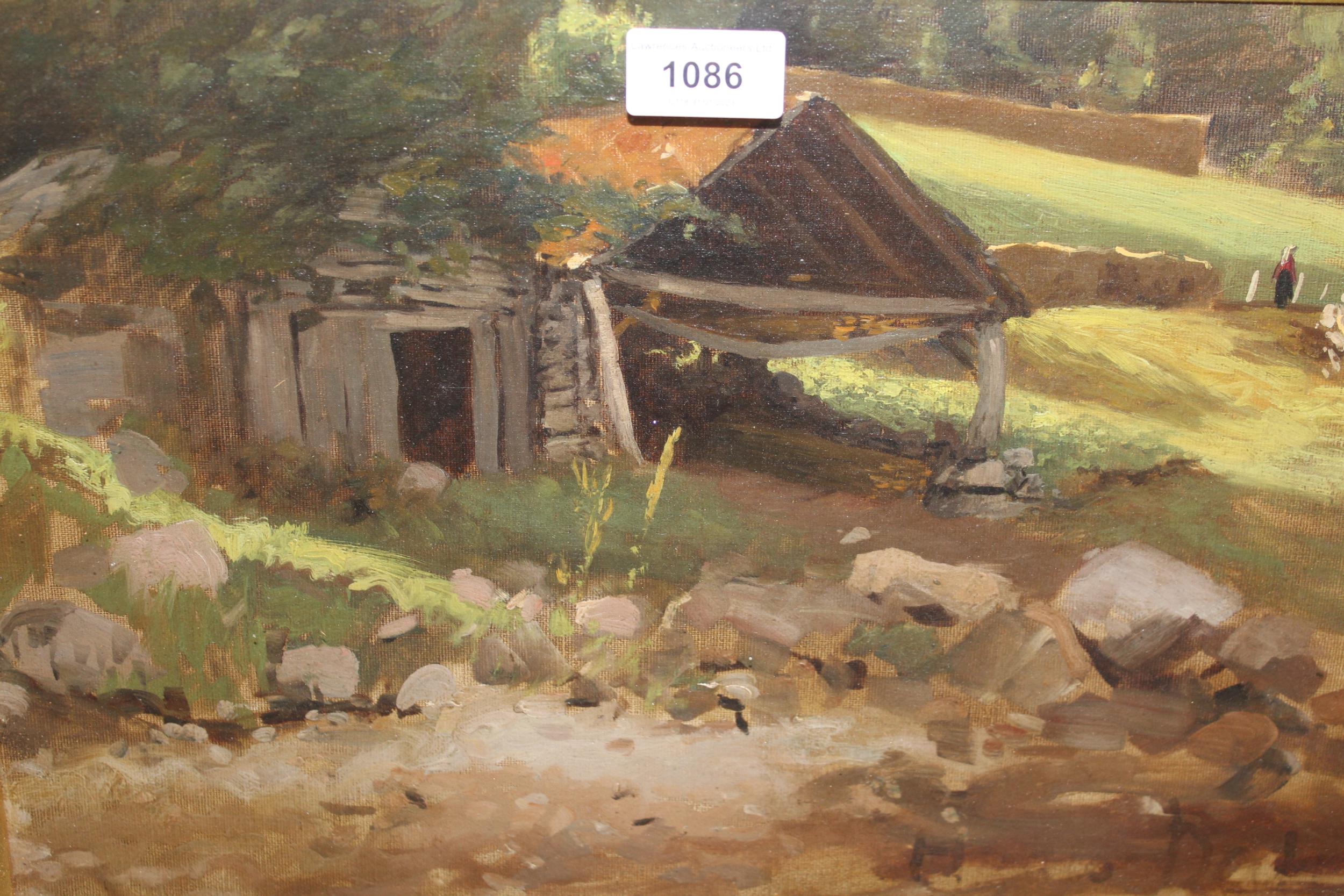 Oil sketch on canvas laid on board, landscape with figures by an open barn, indistinctly signed H.