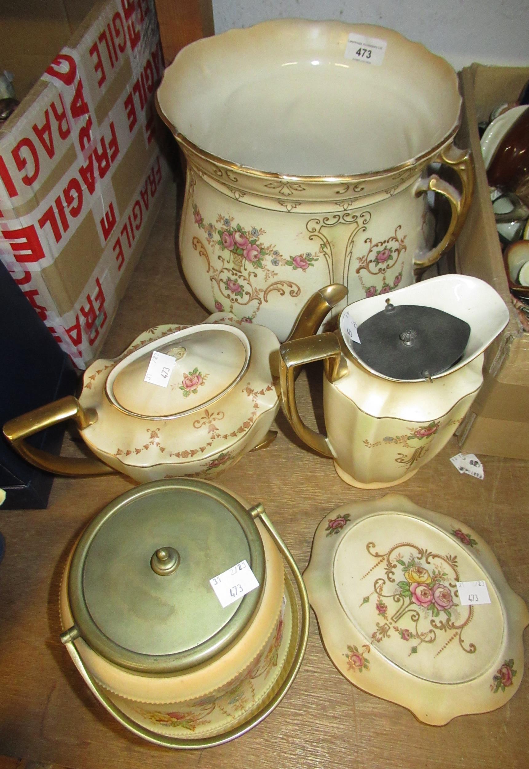 Crown Devon Fielding, pottery biscuit barrel, together with a Crown Ducal jardinière, teapot and