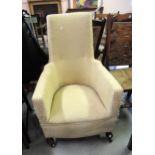 1930's Tub shaped fireside chair (upholstery at fault), together with an Edwardian beechwood drawing