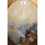 E. Earp, oval watercolour, Continental lake scene with distant mountains, signed, 40cms x 30cms