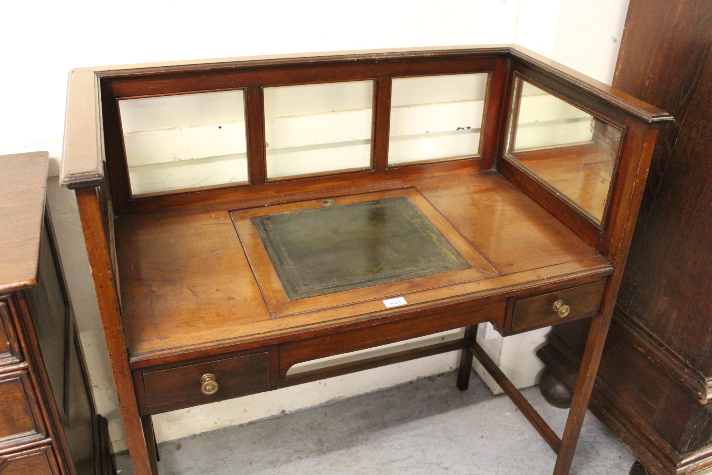 Edwardian mahogany writing table having mirrored and clear glass galleried top with central green - Image 2 of 2