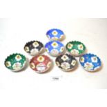 Set of eight small Persian enamel bowls painted with various birds, 7.5cms diameter