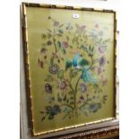 Silkwork picture of a bird in foliage, in a faux bamboo gilded frame, 70cms x 52cms