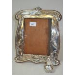 Art Nouveau silver photograph frame, embossed with kingfishers, together with a silver pepper