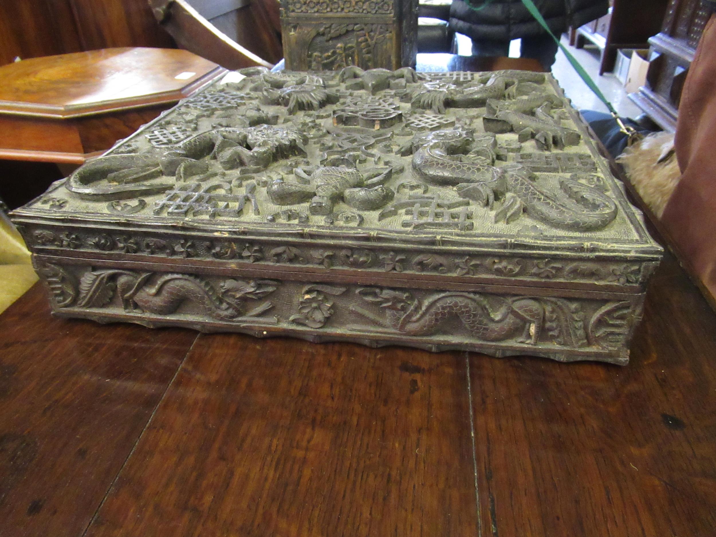 19th Century Chinese hardwood square box, all-over carved with dragons and other motifs, 38cms - Image 6 of 8