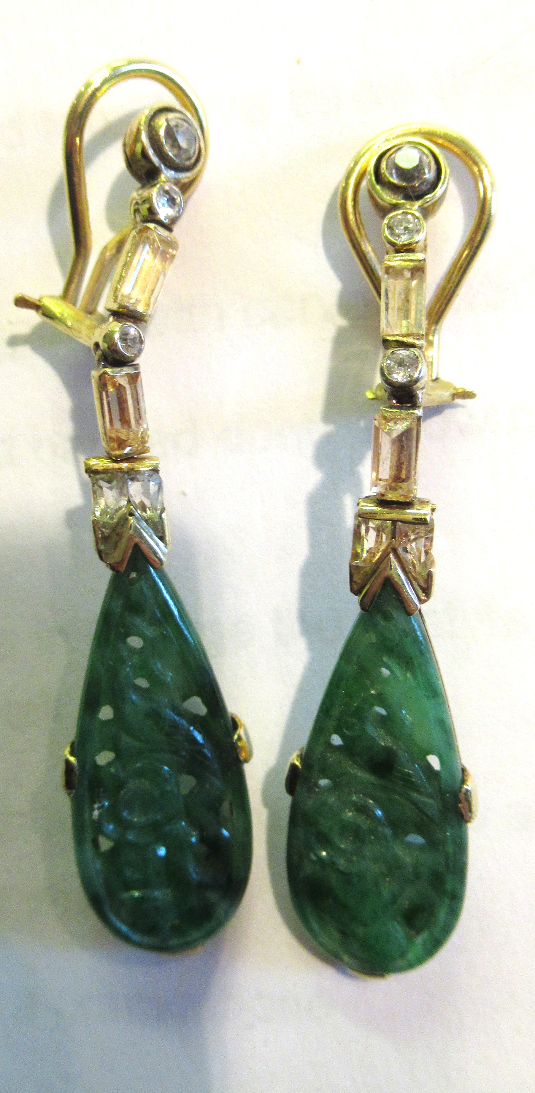 Pair of 18ct yellow gold diamond and carved jade drop earrings, 53mm in height, 8.8g - Image 2 of 3