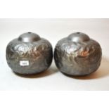 Pair of modern Indian embossed metal lampshades of floral design, 22cms diameter approximately